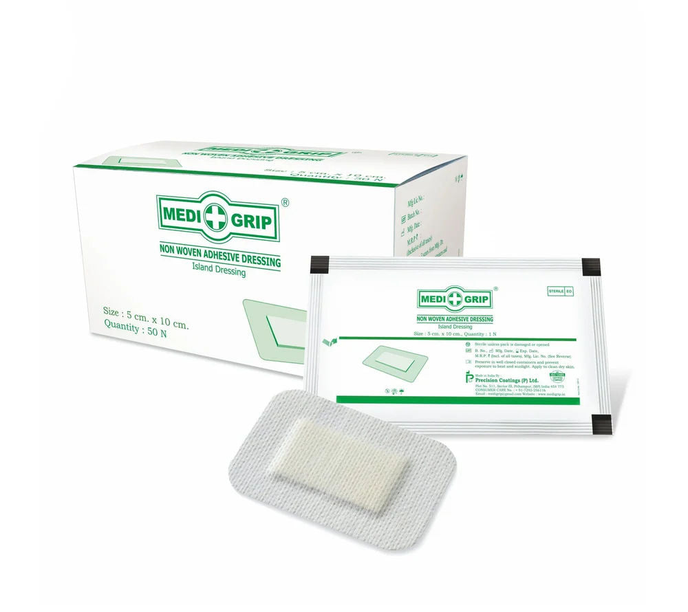 12 x  Medigrip Non-Woven Island Adhesive Dressing With Pad - 10cm x 10cm Pack of 25
